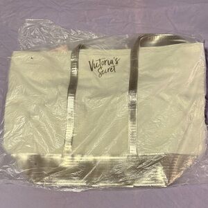 Victoria's Secret Metallic Silver and White Tote